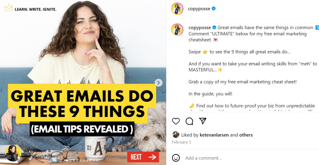Copy Posse's Instagram - Title Reads "Great Emails Do These 9 Things"