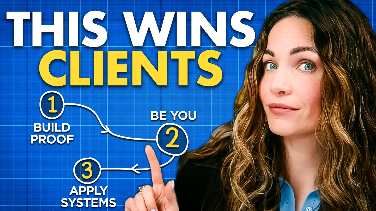 simple marketing system with the words this wins client and woman pointing