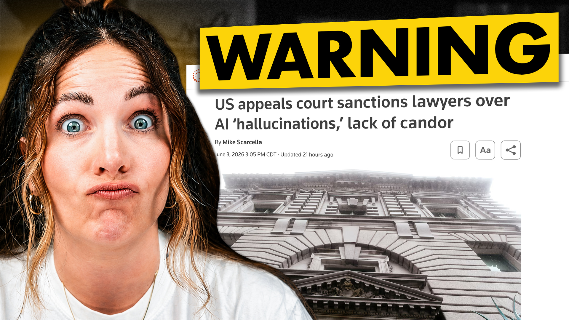 ai use in business warning with woman smirking
